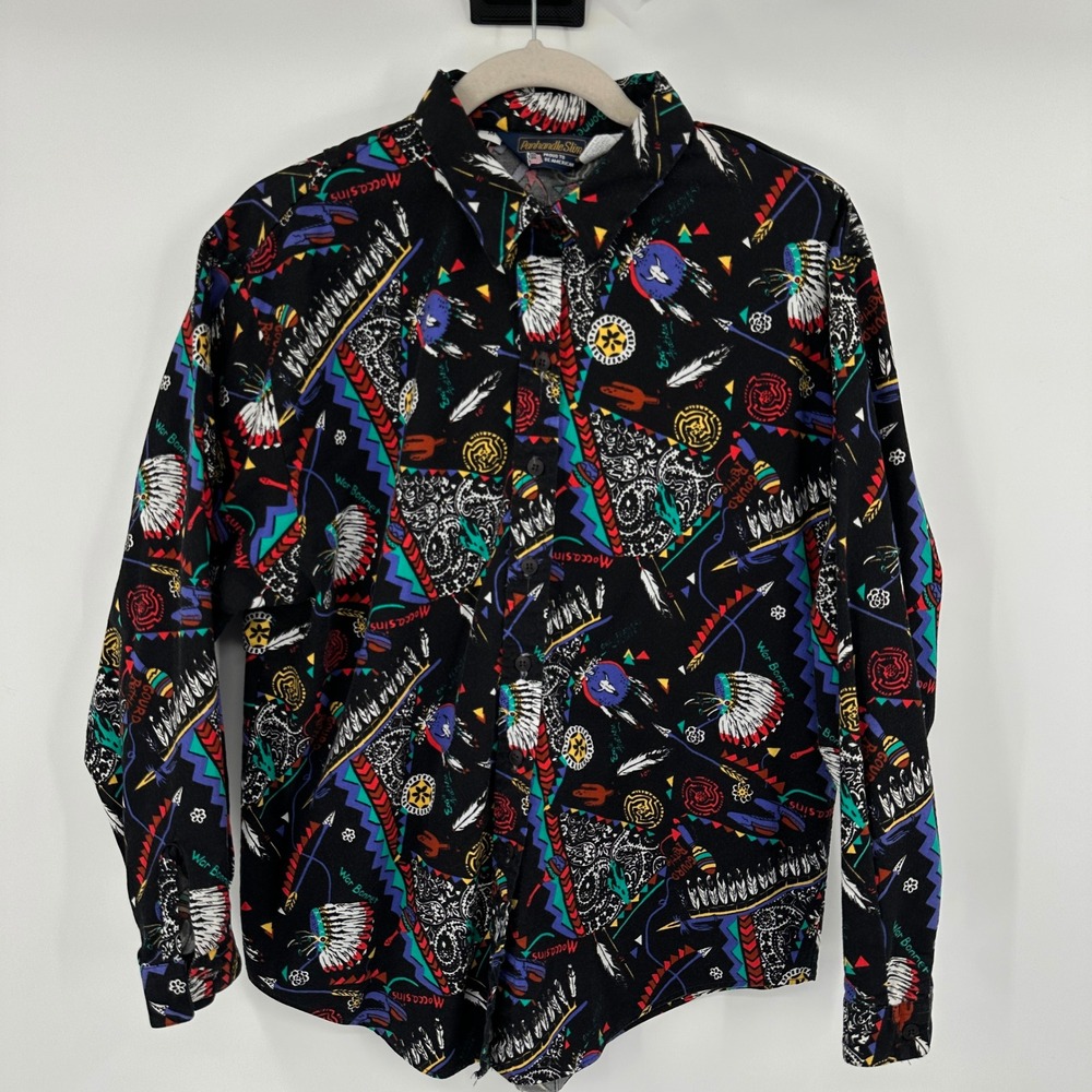 Panhandle Slim Western Native American Print Button Up Shirt Cross Back Medium